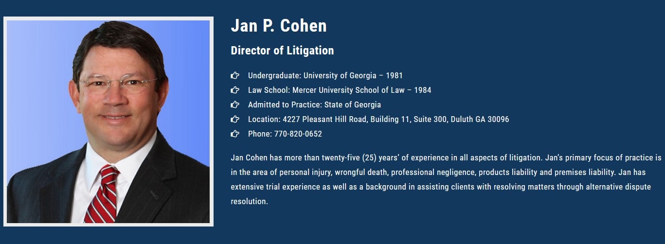 Jan P Cohen - Duluth, GA, US, earplug injury attorney